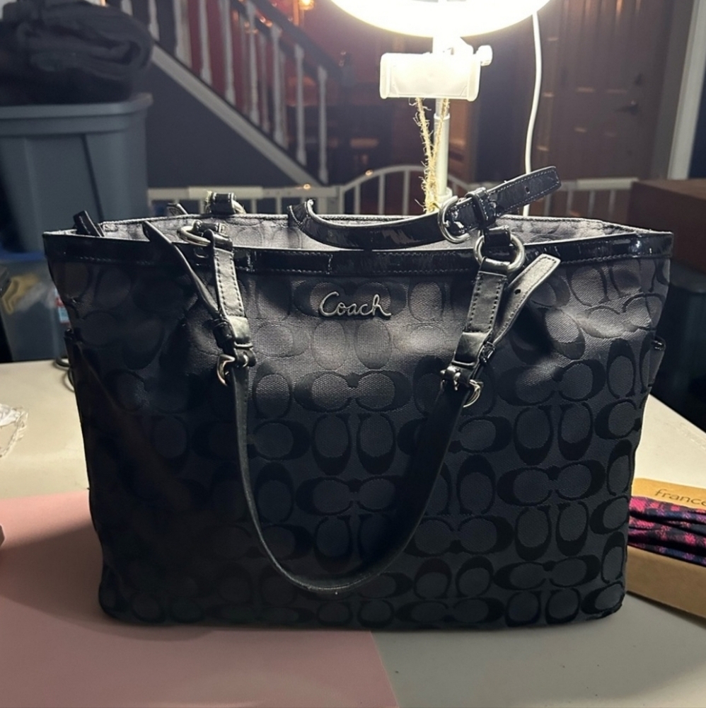 Coach Shoulder Bag Black Canvas Monogram and Patent Leather Silver Hardware EUC